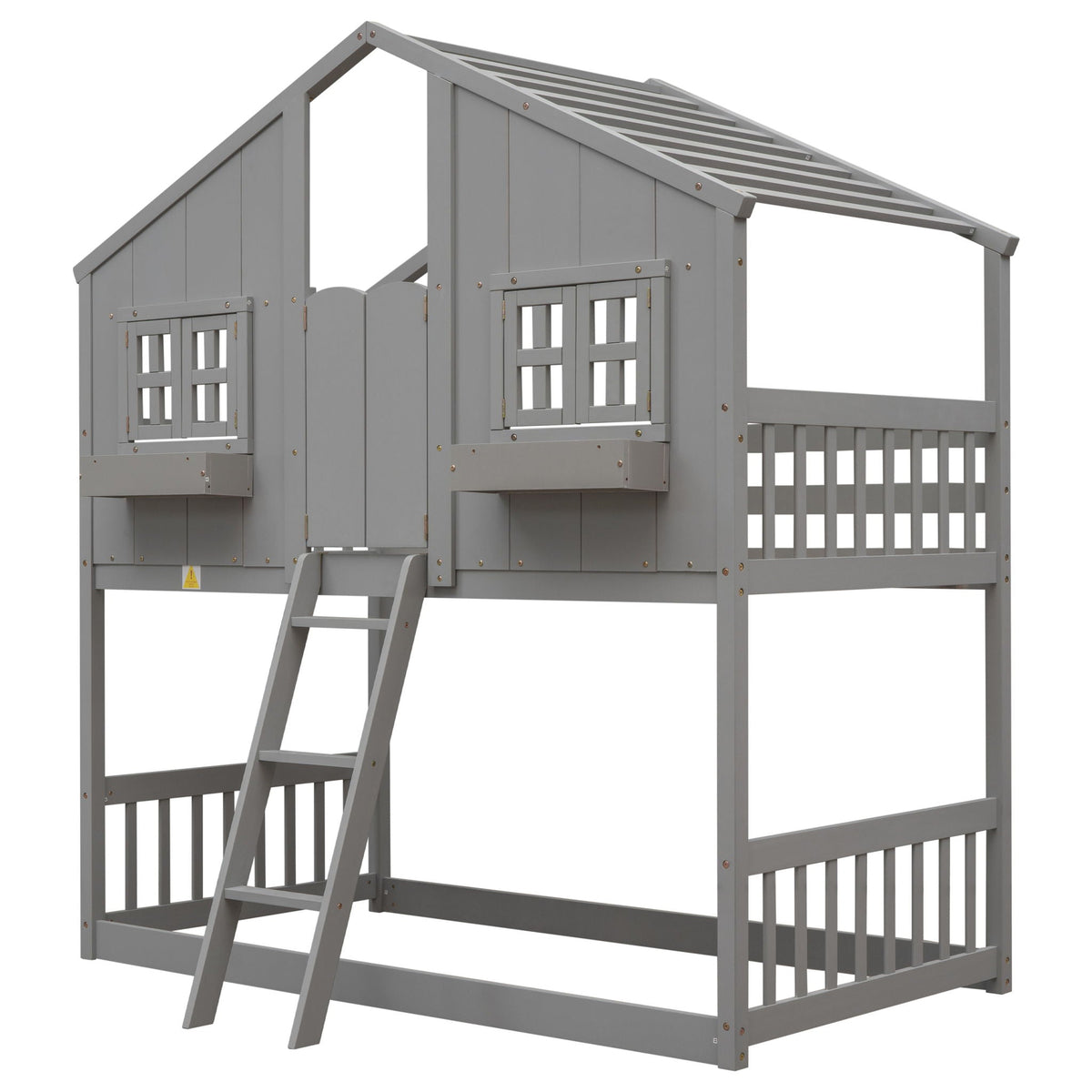 House bunk bed with roof, window box and door in gray with ladder and guardrails by HouseOfZazla on Tampa Home & Garden Store