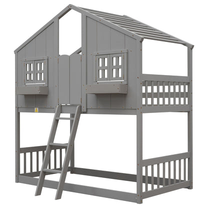 House bunk bed with roof, window box and door in gray with ladder and guardrails by HouseOfZazla on Tampa Home & Garden Store