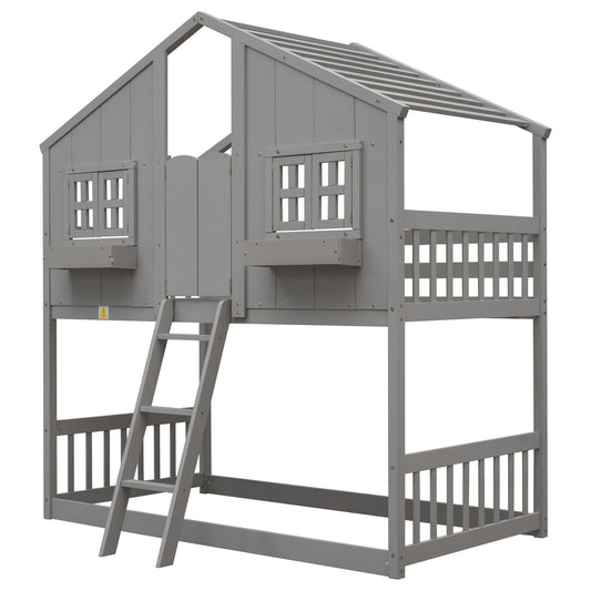 House bunk bed with roof, window box and door in gray with ladder and guardrails by HouseOfZazla on Tampa Home & Garden Store