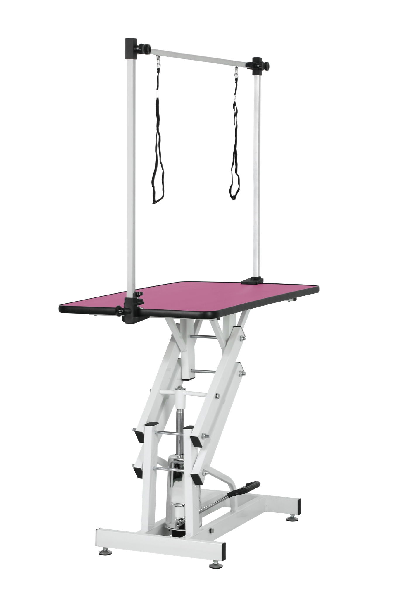 Hydraulic pet grooming table with H-arm, pink top, aluminum frame on Tampa Home & Garden Store
