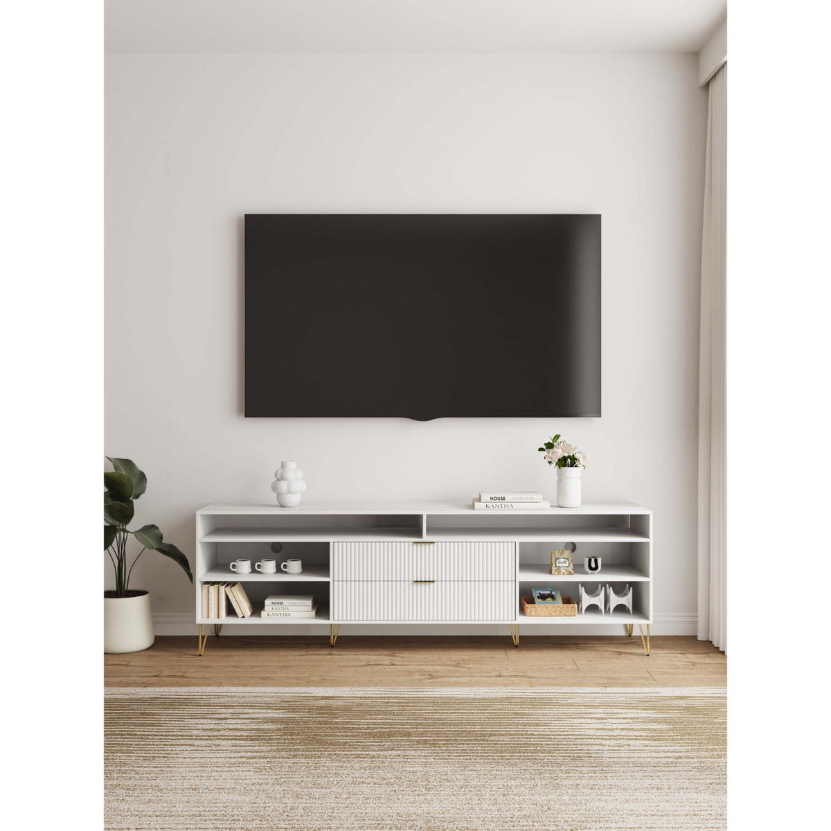 Fluted TV Stand with Storage and Metal Legs by HouseOfZazla, white fronts and gold legs on Tampa Home & Garden Store