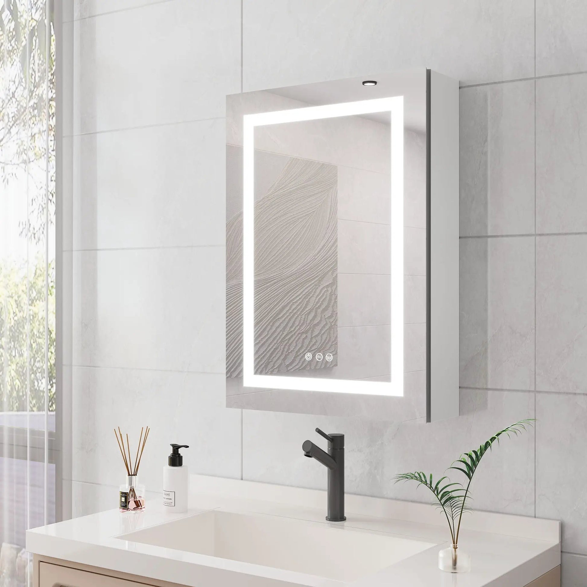 Wall-mounted LED medicine cabinet with mirror, 20x28 in, silver, anti-fog, dimmable 3000K–6000K on Tampa Home & Garden Store