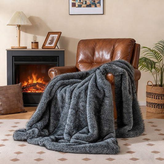 740GSM Soft Plush Fuzzy Luxury Faux Wolf Fur Blanket for Sofa-Gray - Tampa Home & Garden Store
