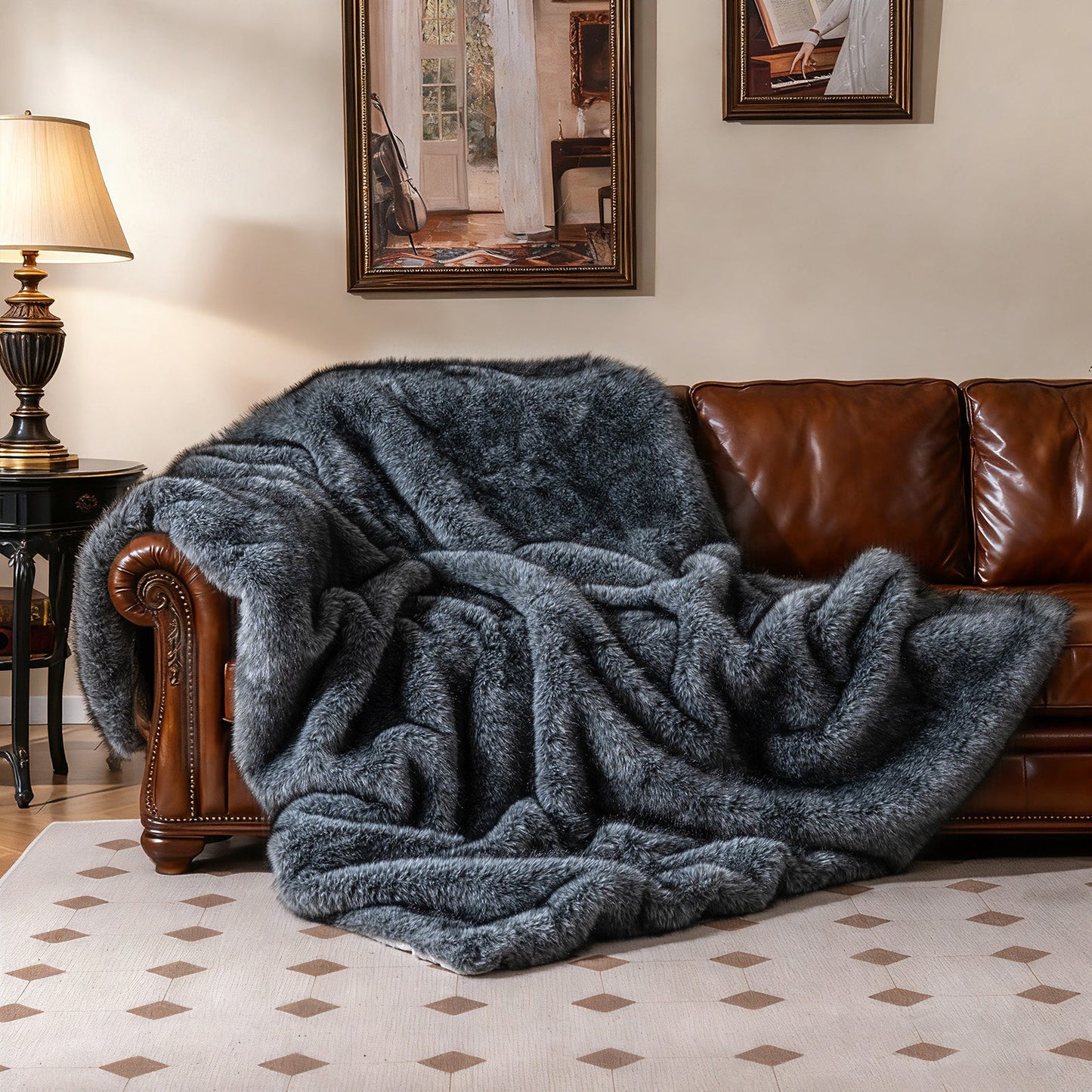 740GSM Soft Plush Fuzzy Luxury Faux Wolf Fur Blanket for Sofa-Gray