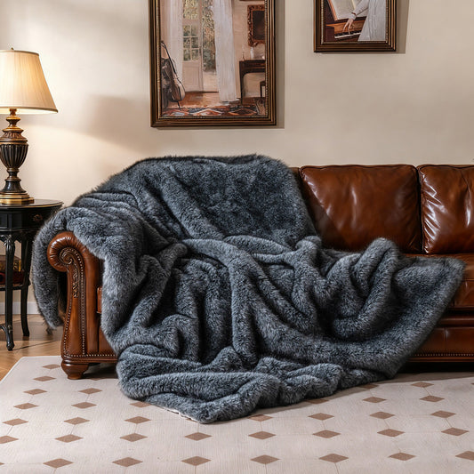 740GSM Soft Plush Fuzzy Luxury Faux Wolf Fur Blanket for Sofa-Gray - Tampa Home & Garden Store