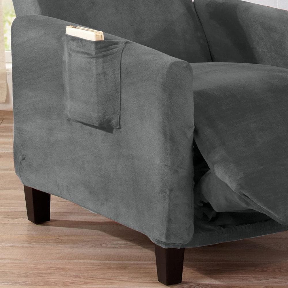 Velvet Stretch Slipcover Gale Collection in gray velvet on a dark sofa Great Bay Home on Tampa Home & Garden Store