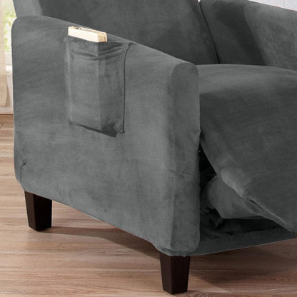 Velvet Stretch Slipcover Gale Collection in gray velvet on a dark sofa Great Bay Home on Tampa Home & Garden Store