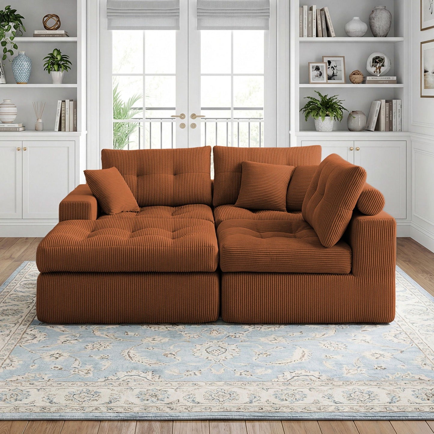 Corner Chaise L-Shaped Sectional Sofa Bed, rust-orange corduroy, 2-piece set by HouseOfZazla on Tampa Home & Garden Store