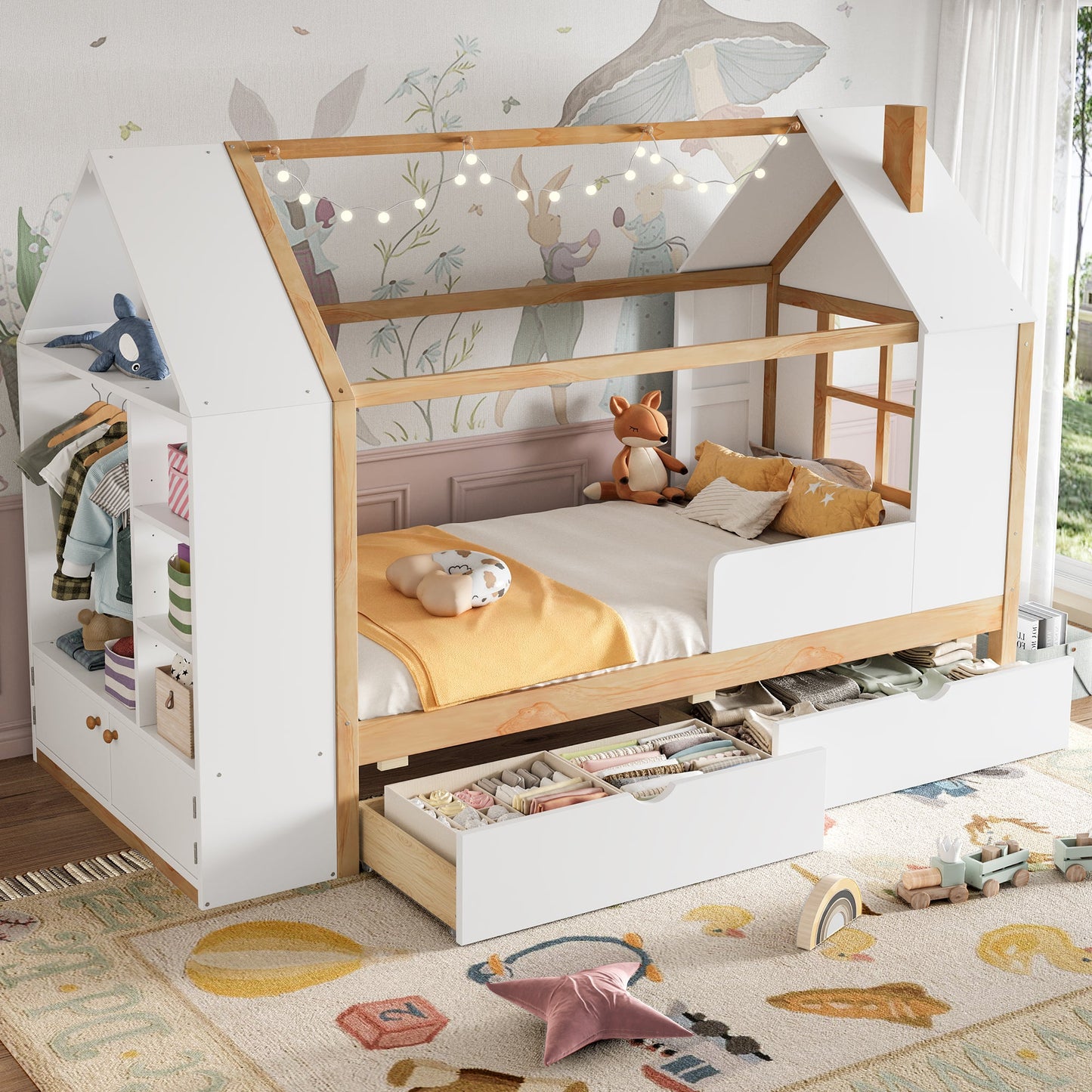 Twin size house platform bed with drawers in white and natural wood by HouseOfZazla on Tampa Home & Garden Store