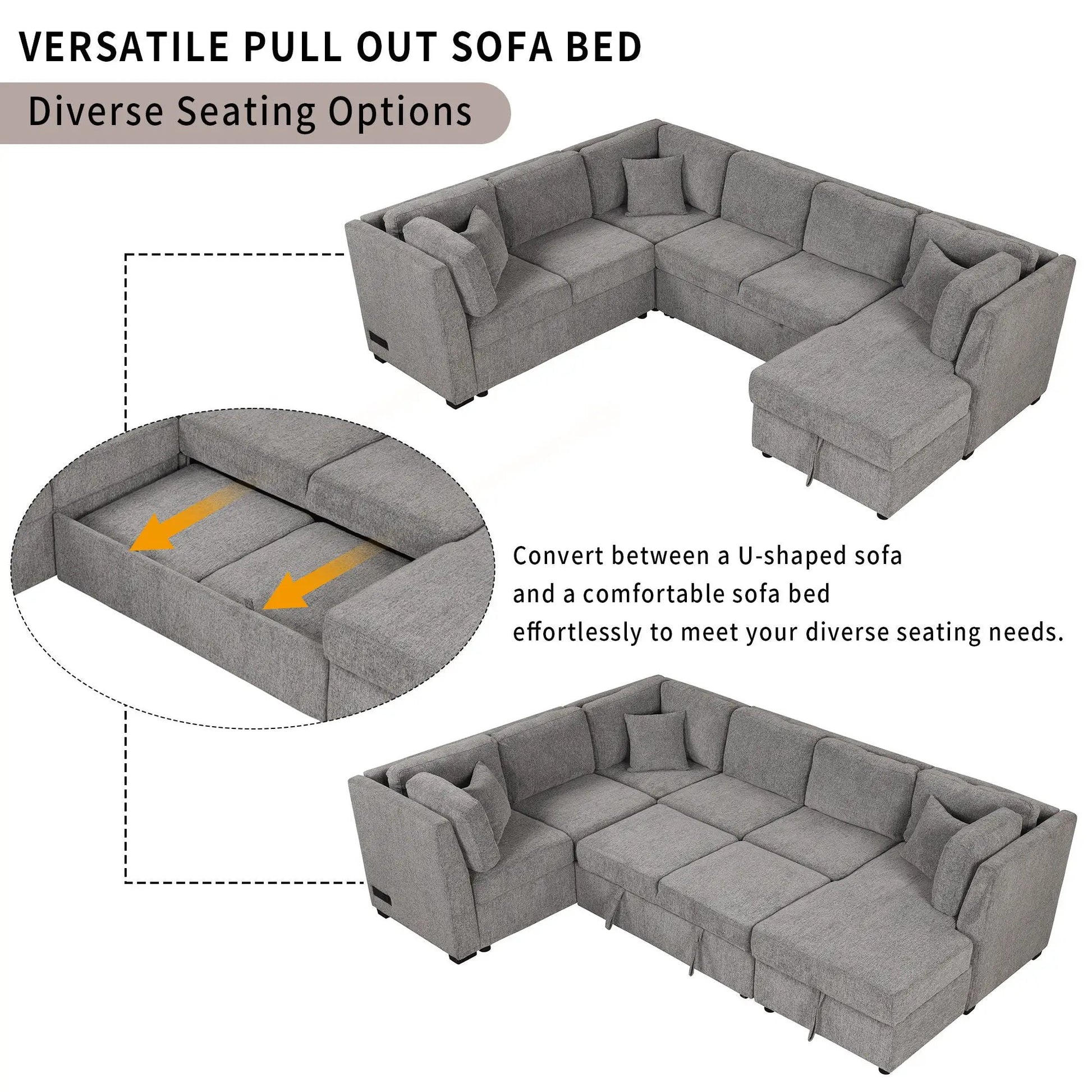 U-shaped sleeper sectional sofa in gray fabric with pull-out bed and storage chaise on Tampa Home & Garden Store