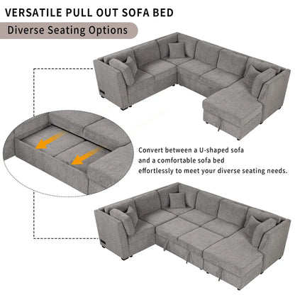 U-shaped sleeper sectional sofa in gray fabric with pull-out bed and storage chaise on Tampa Home & Garden Store