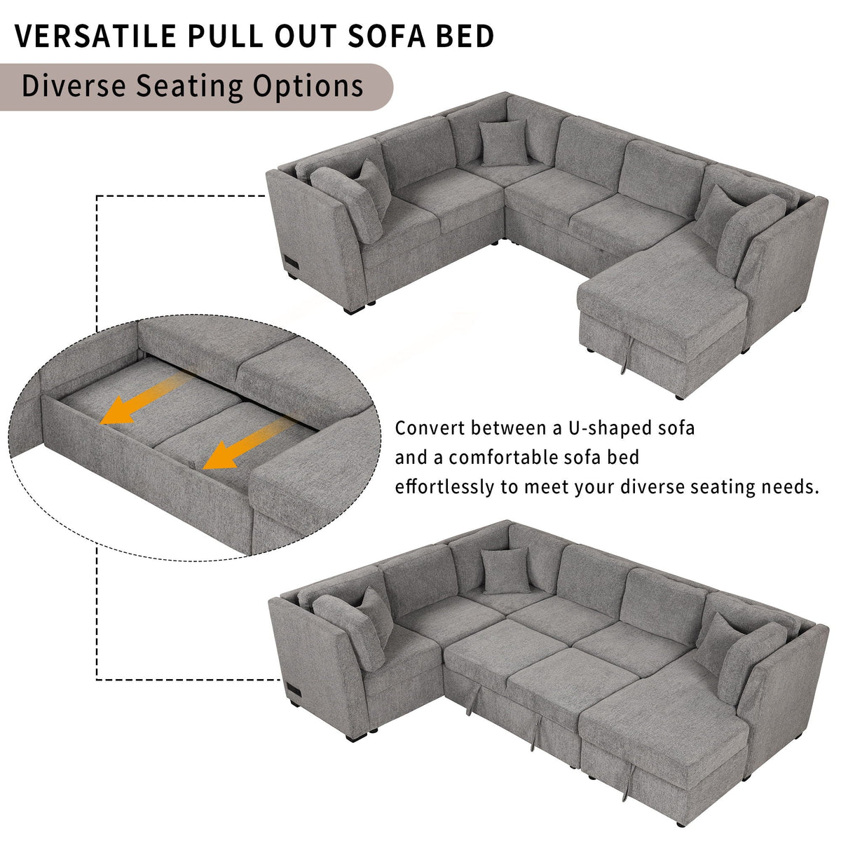 U-shaped sleeper sofa with pull-out bed, gray fabric, 3 pillows, USB ports and 2 power sockets on Tampa Home & Garden Store