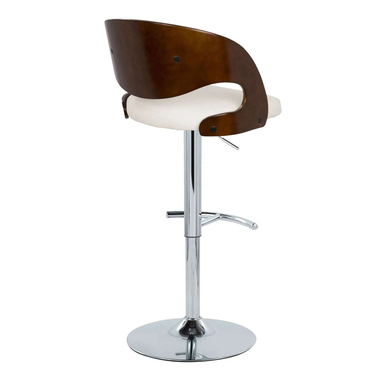 Pino mid-century adjustable swivel barstool set of 2 with cherry wood and white cushion, chrome base on Tampa Home & Garden Store