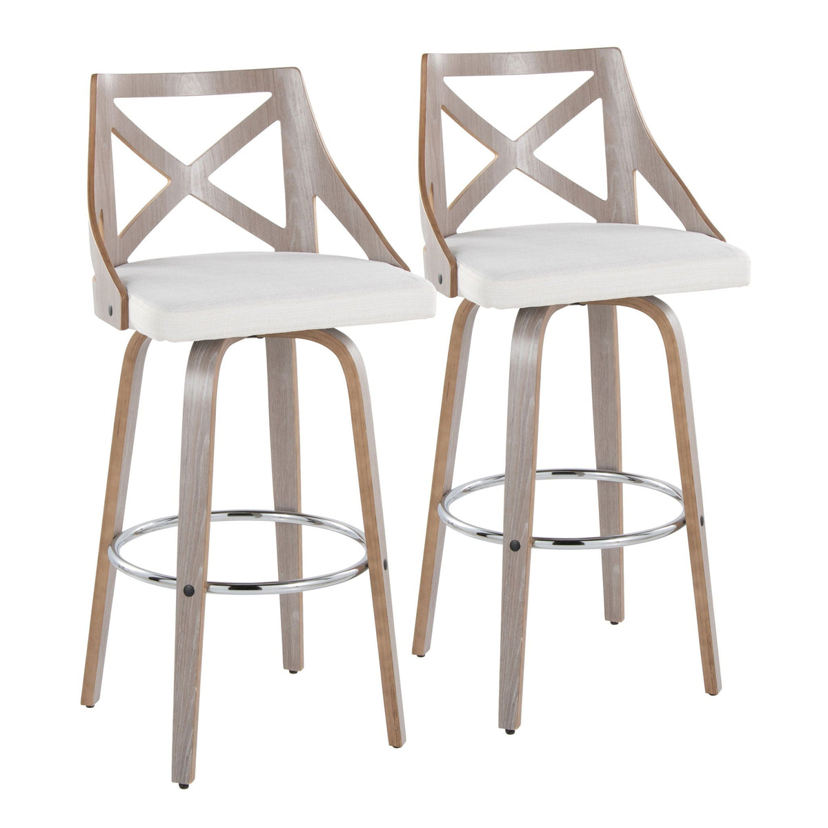 Farmhouse bar stool pair with X-back and gray-beige upholstery on Tampa Home & Garden Store