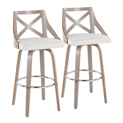 Farmhouse bar stool pair with X-back and gray-beige upholstery on Tampa Home & Garden Store