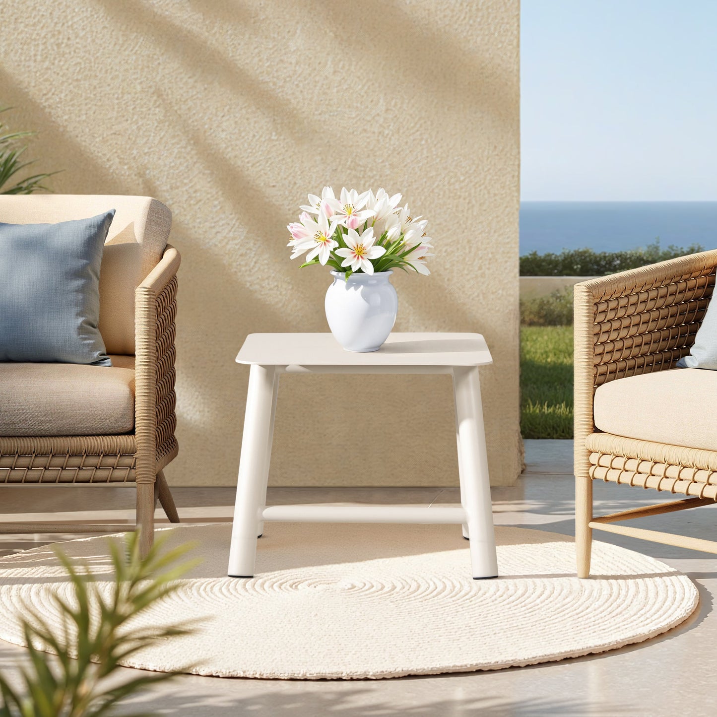 Atlas 19.5in outdoor patio side table light by HouseOfZazla, white, with 2 wicker chairs on Tampa Home & Garden Store