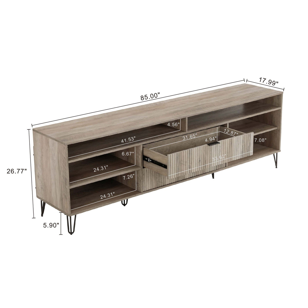 Fluted TV Stand with Storage and metal hairpin legs in light oak by HouseOfZazla with open shelves on Tampa Home & Garden Store