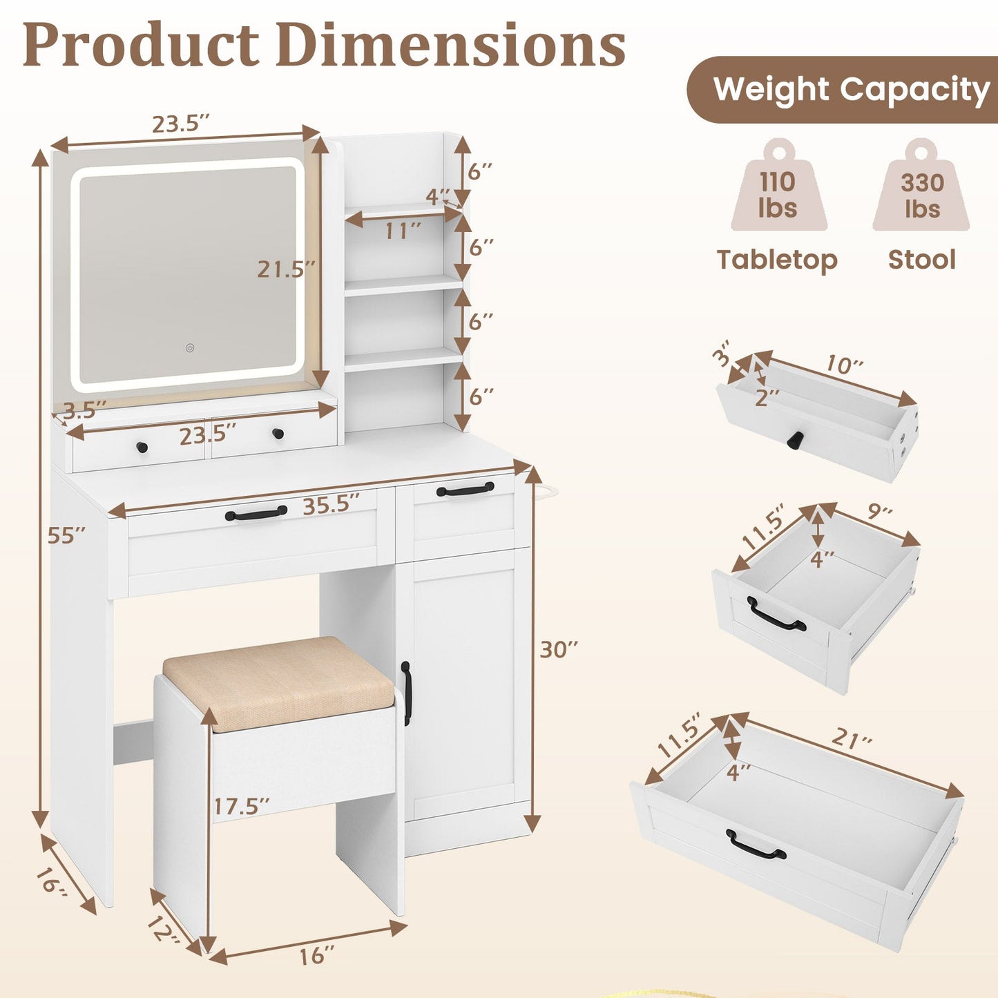Vanity Set with Mirror and 3 Lighting Modes and Adjustable Brightness-White