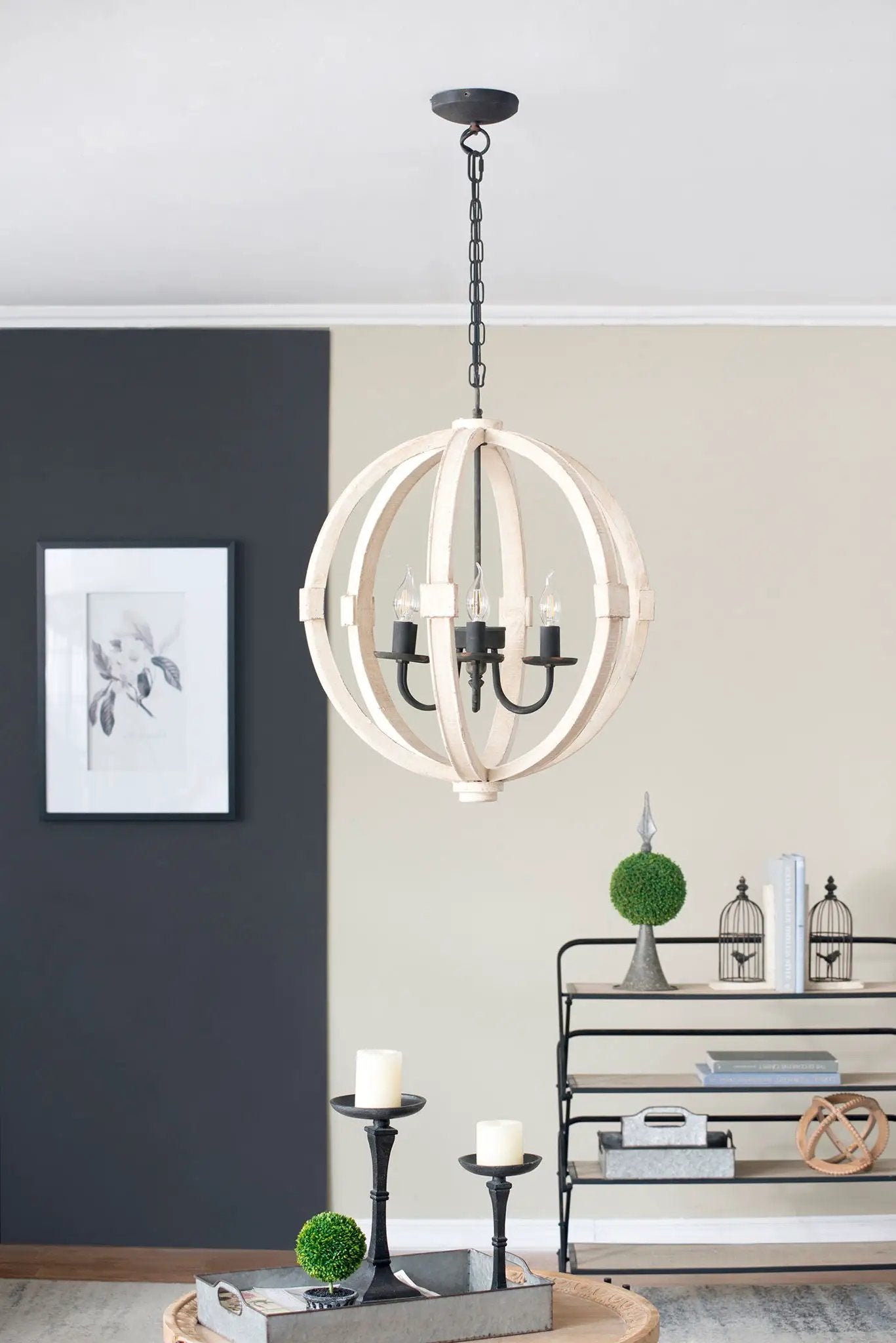 Chandelier hanging light fixture with adjustable chain; wooden sphere frame and black candle holders on Tampa Home & Garden Store