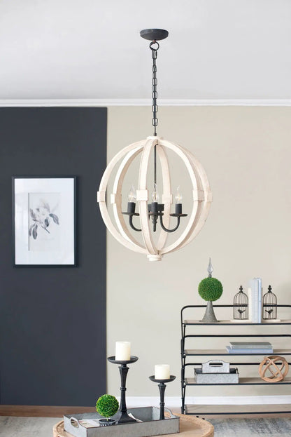 Chandelier hanging light fixture with adjustable chain; wooden sphere frame and black candle holders on Tampa Home & Garden Store