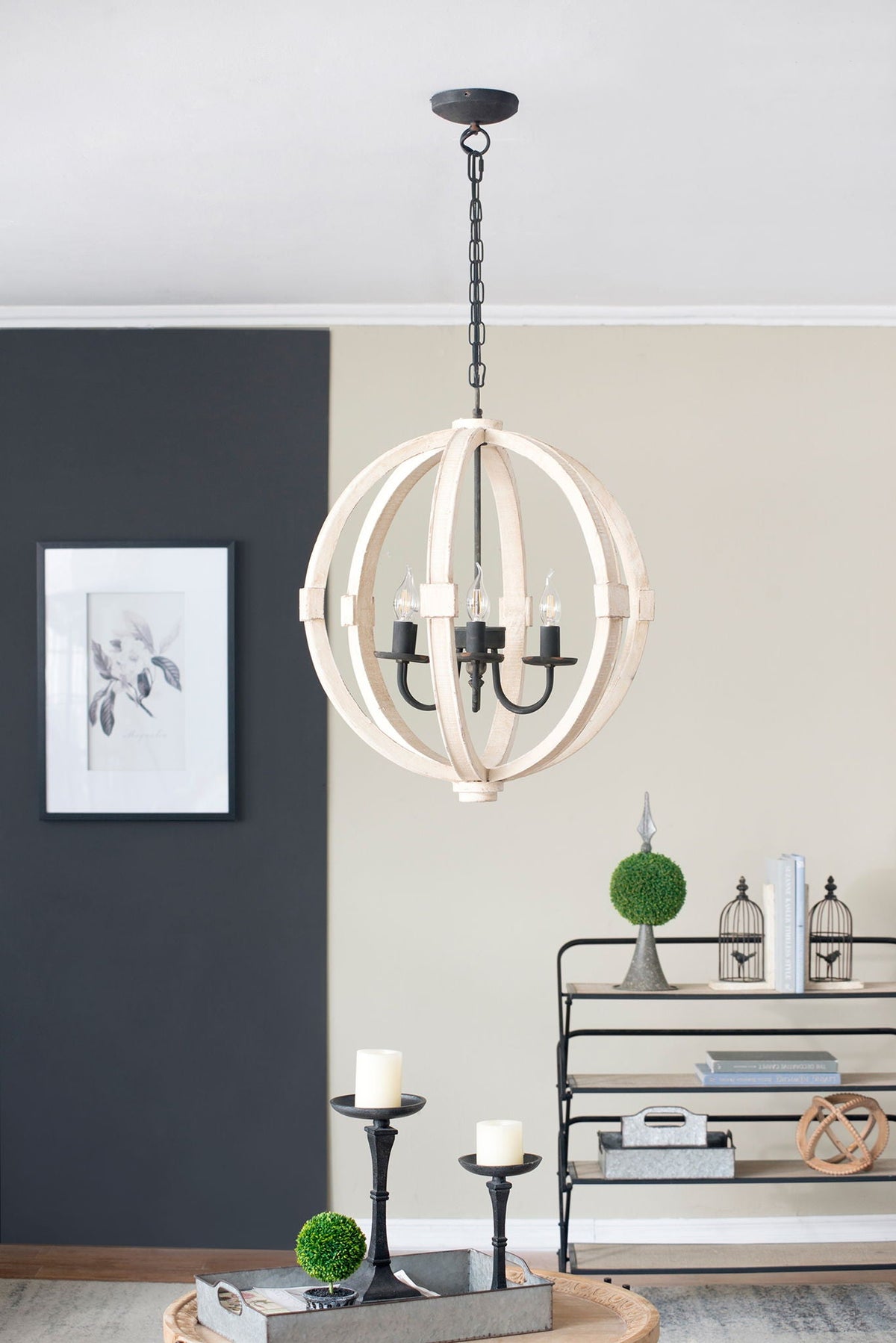 Chandelier with cream wooden sphere frame and black candle bulbs on adjustable chain on Tampa Home & Garden Store