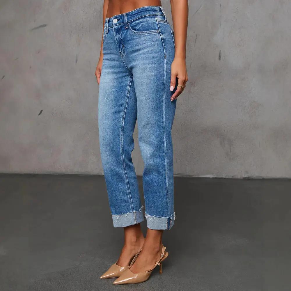 Cuffed Capri Pants in stretchy light-wash denim with whiskering and rolled frayed cuffs on Tampa Home & Garden Store