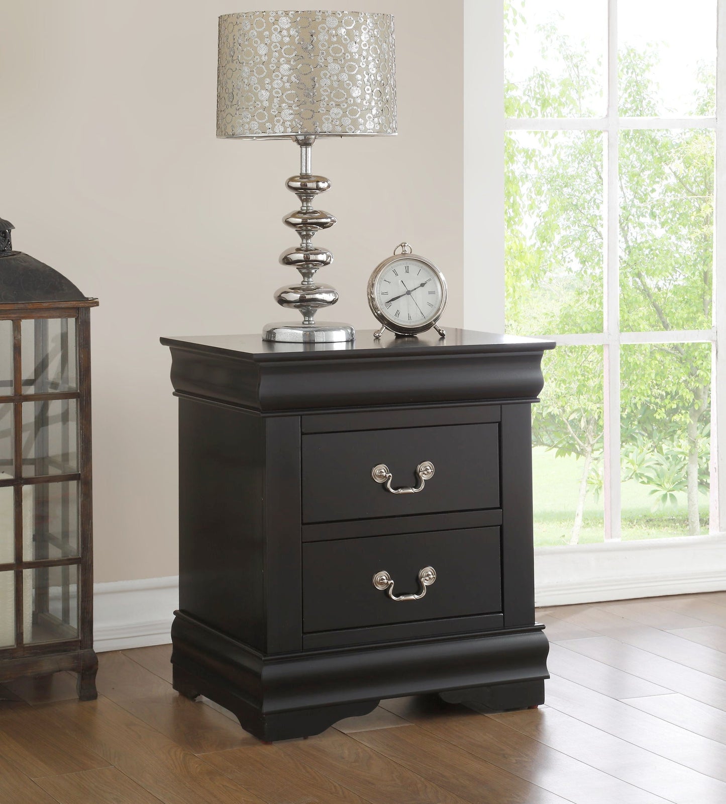 Louis Philippe Accent Nightstand black finish with silver hardware lamp and clock on Tampa Home & Garden Store