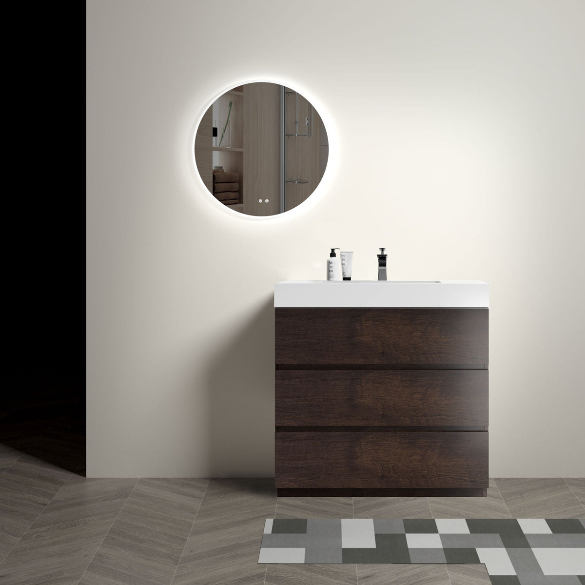 Alice bathroom vanity: dark wood cabinet with white top and one-piece sink, backlit mirror on Tampa Home & Garden Store