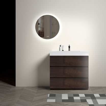 Alice bathroom vanity: dark wood cabinet with white top and one-piece sink, backlit mirror on Tampa Home & Garden Store