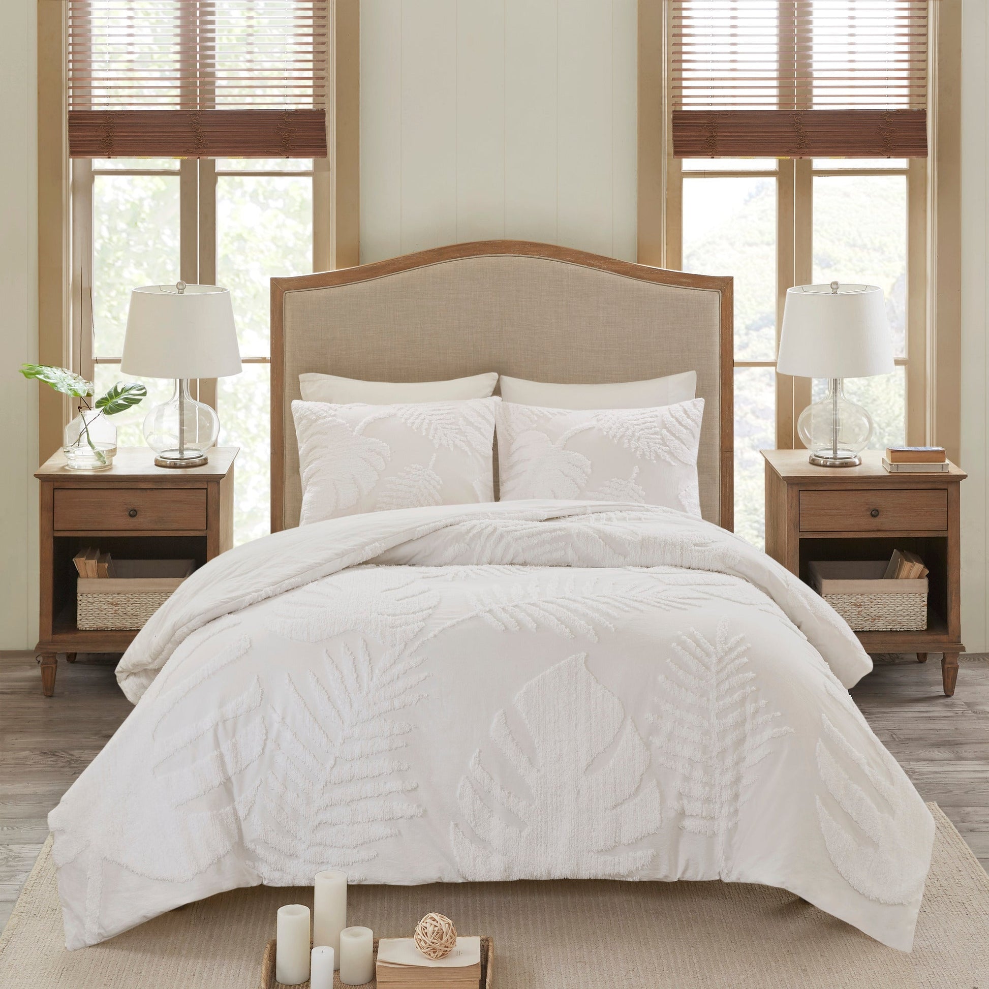 3 Piece tufted cotton chenille palm comforter set off-white full/queen with palm leaf motif on Tampa Home & Garden Store