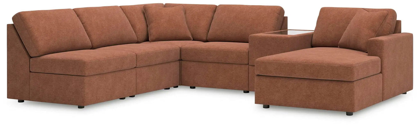 Modmax spice sectional sofa in burnt-orange fabric with chaise and glass-topped table on Tampa Home & Garden Store