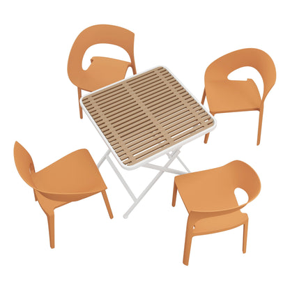 Orange 4-piece outdoor dining set with folding table and slatted wood top by HouseOfZazla on Tampa Home & Garden Store