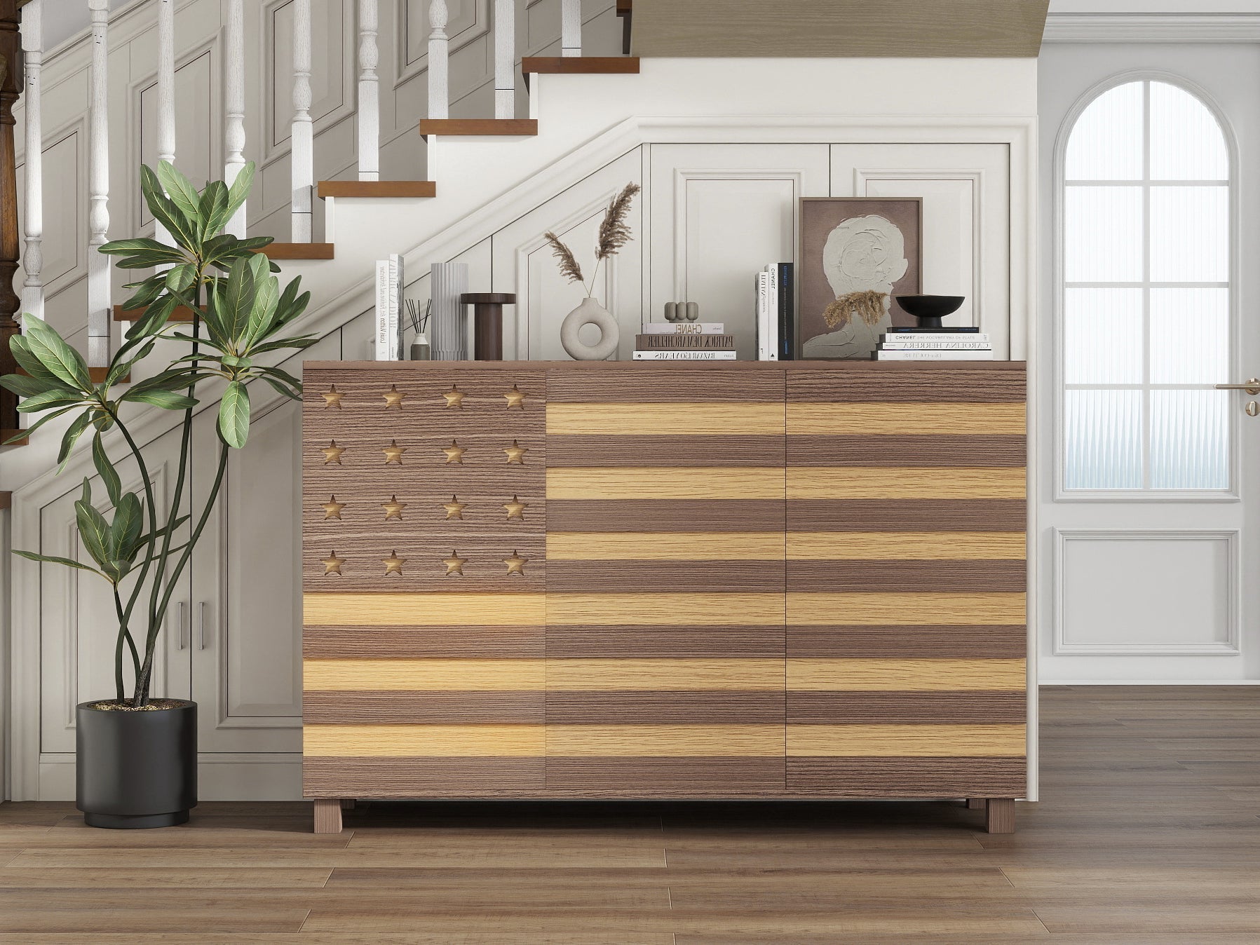 55-Inch Hand-Carved Buffet Sideboard Cabinet by HouseOfZazla with star panels and striped veneer on Tampa Home & Garden Store