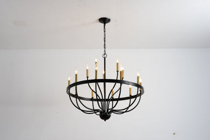 18-Light industrial iron chandelier with black frame, brass candle cups, hung by chain on Tampa Home & Garden Store