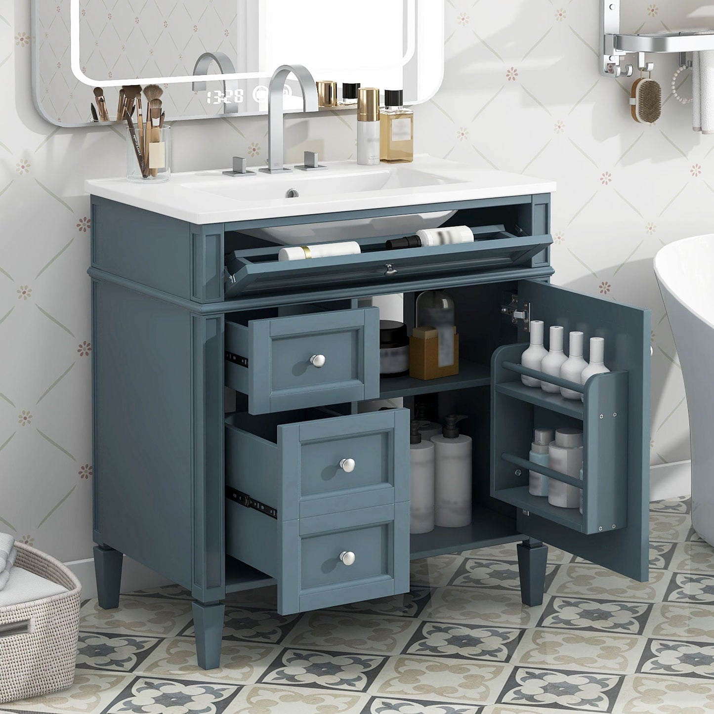 Bathroom vanity with blue cabinet and white top sink, open shelves and drawers HouseOfZazla on Tampa Home & Garden Store