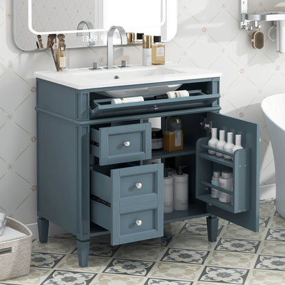 Bathroom vanity with blue cabinet and white top sink, open shelves and drawers HouseOfZazla on Tampa Home & Garden Store