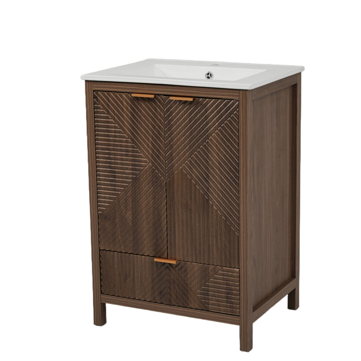 Modern bathroom vanity with white sink on dark brown wood cabinet and diagonal doors on Tampa Home & Garden Store