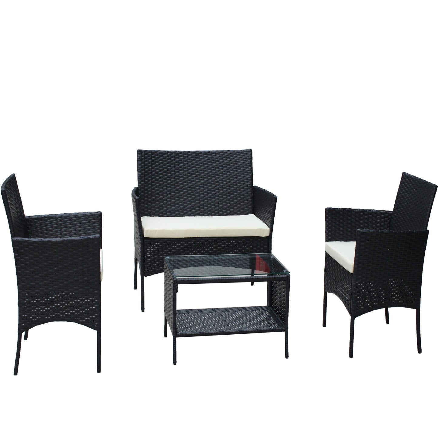 4 pc rattan outdoor patio furniture set with black wicker chairs, cushioned seats and table on Tampa Home & Garden Store