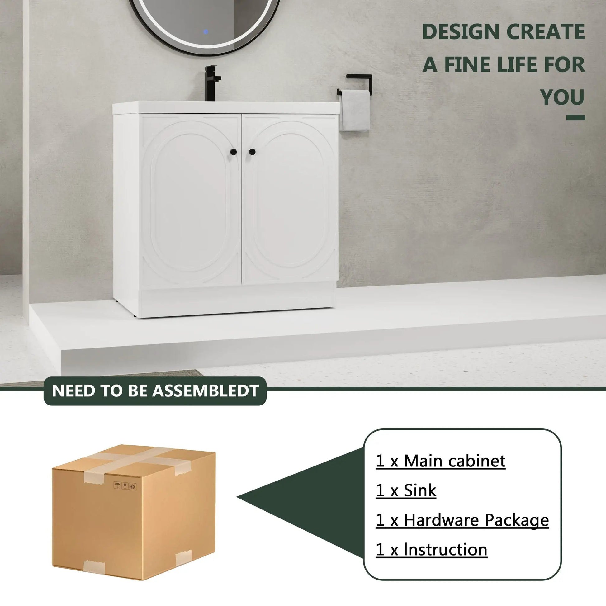 Contemporary freestanding bathroom vanity with resin sink, white cabinet, soft-close doors on Tampa Home & Garden Store