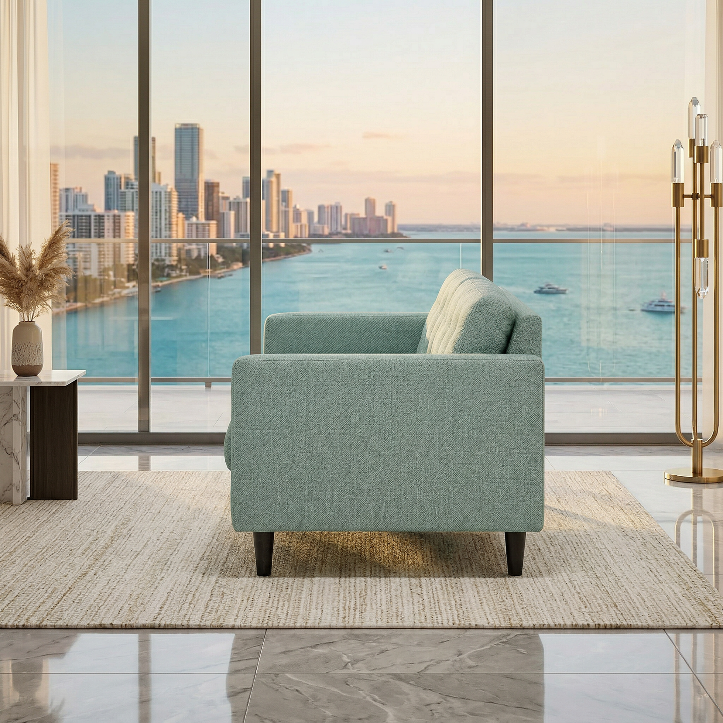Talmadge Sofa teal textured fabric in a modern sunlit living room on Tampa Home & Garden Store