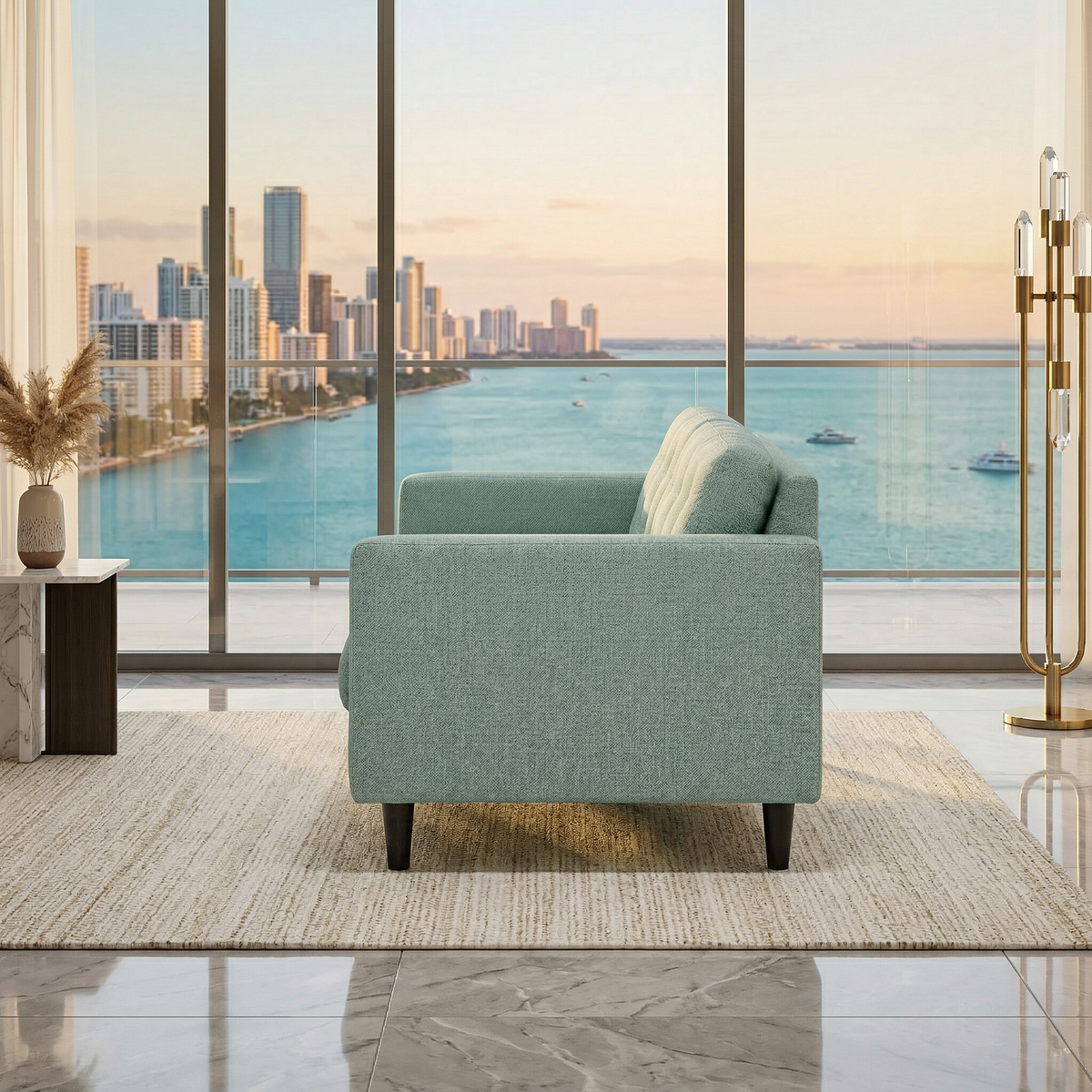 Talmadge Sofa teal textured fabric in a modern sunlit living room on Tampa Home & Garden Store
