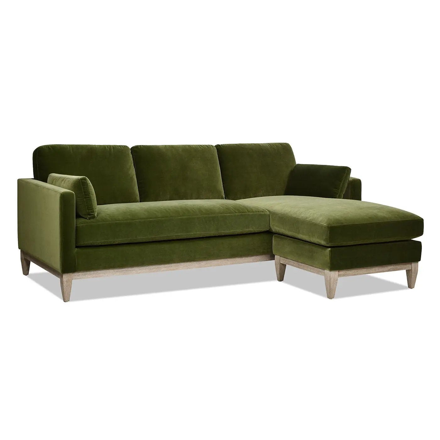 Knox Modern Farmhouse reversible chaise sectional sofa in olive green velvet with wood legs on Tampa Home & Garden Store