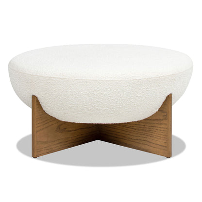 Round white upholstered storage ottoman with wood base by HouseOfZazla on Tampa Home & Garden Store