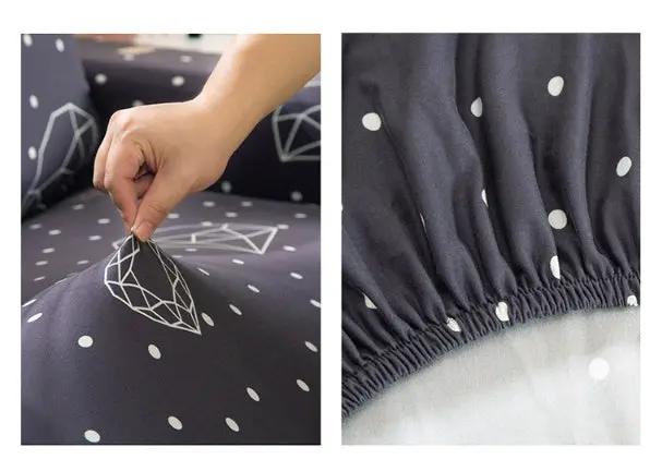 Sofa cover by FLIPSTYLEZLLC in dark gray with white polka dots and diamond print, elastic hem on Tampa Home & Garden Store