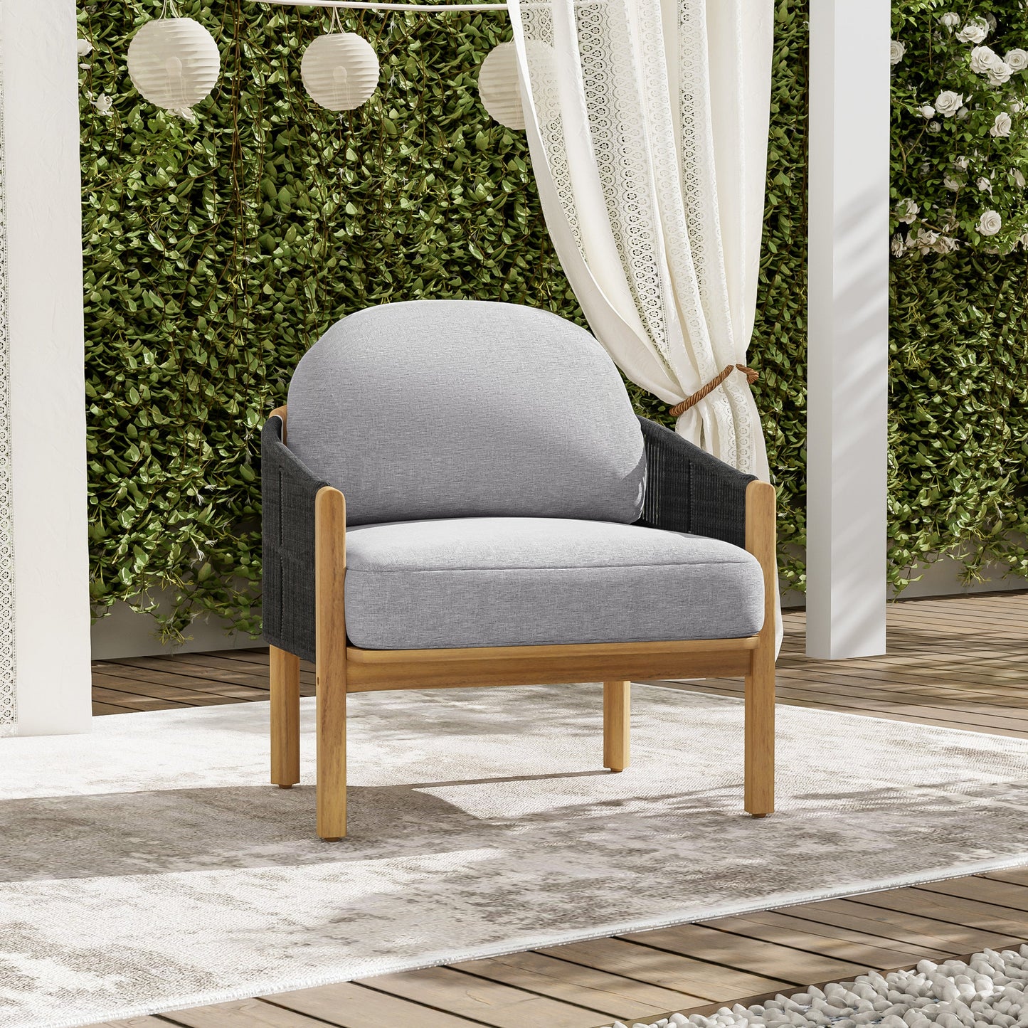 Acacia Wood and Woven Rope Outdoor Club Chair