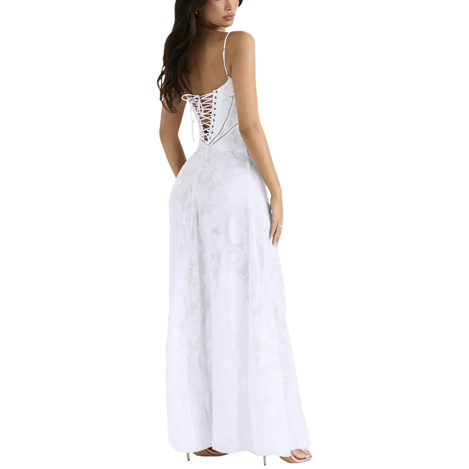 White lace long dress with back corset lace-up, spaghetti straps, floral pattern, floor-length on Tampa Home & Garden Store