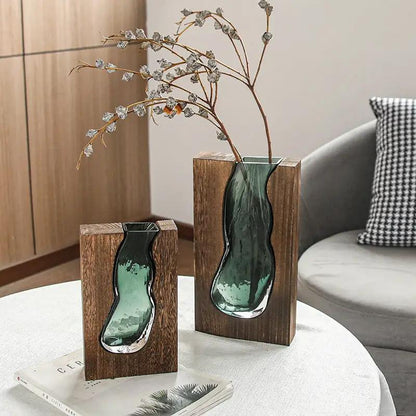Nordic Solid Wood Transparent Glass Vase Ornament with two green glass vases FLIPSTYLEZLLC on Tampa Home & Garden Store