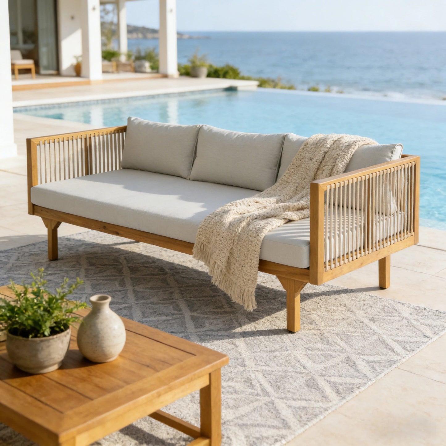 Outdoor Acacia Wood Patio Sofa with Teak Finish