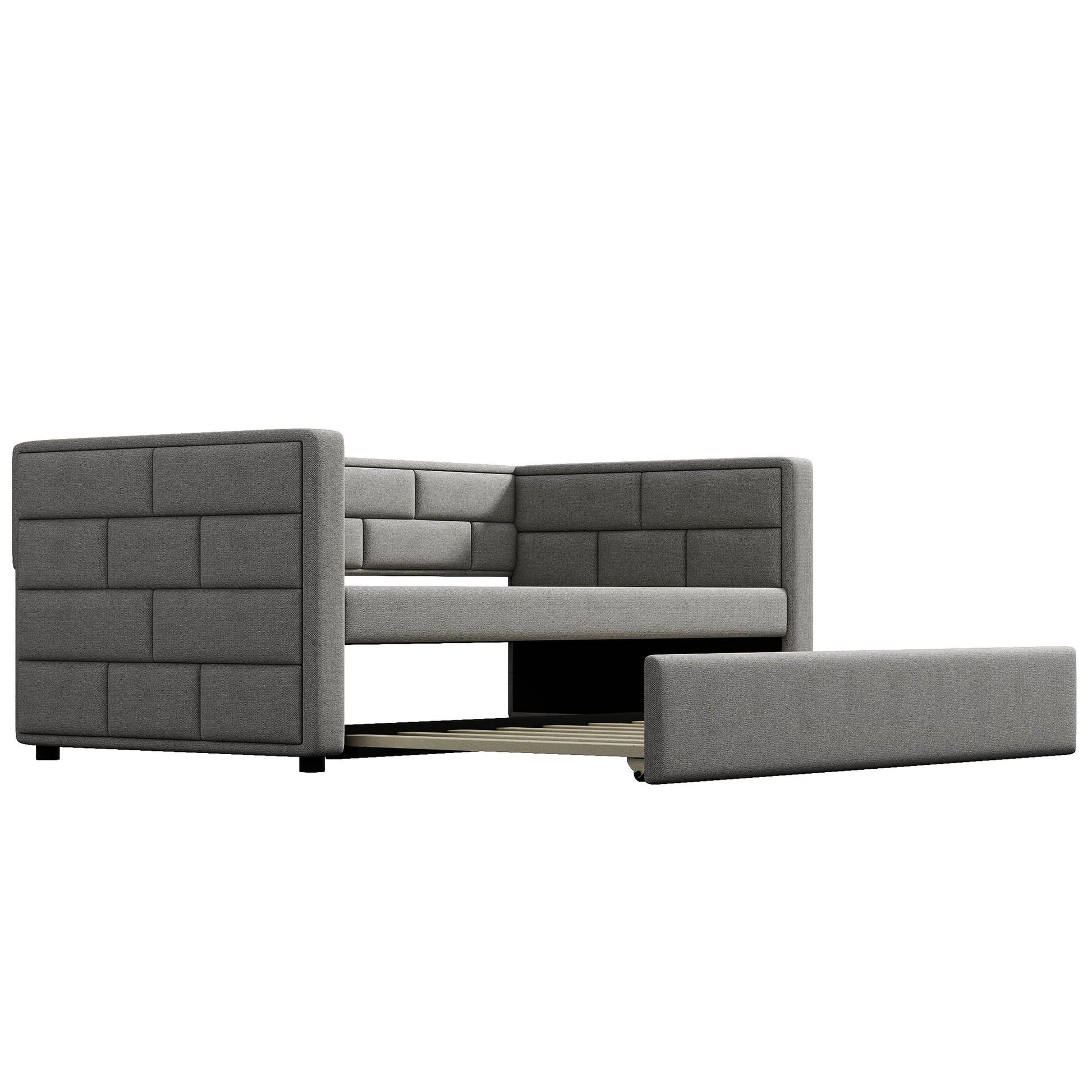 Upholstered twin size daybed with trundle in gray fabric, padded back and sides on Tampa Home & Garden Store