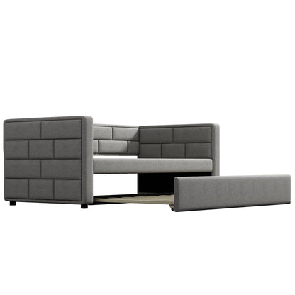 Upholstered twin size daybed with trundle in gray fabric, padded back and sides on Tampa Home & Garden Store